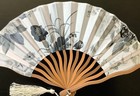 Silk Hand Fan Japanese 7  Black   White Flowers Folding Pocket Purse Asian - New