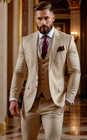 Champagne Men s Suits Peak Lapel Formal Business Wedding Groom Tuxedo Three Pcs