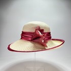 Kentucky Derby Cream Natural Burgundy Straw Wide Brim Floral Dress Hat Women s