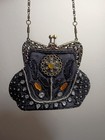 Art Deco Ornate Beaded Frame Evening Bag Black Silver Orange With Chain