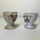 2 Ugly Face Studio Pottery Egg Cups Vintage Unusual Hand Thrown Handmade Vtg