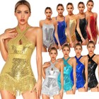 Womens Sequin Fringed Dance Leotards Cross Back Skirt Jazz Ballet Latin Costume