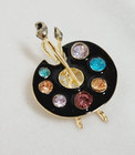 Art Artist Black Enamel Palette Pin brooch pendant Gold Tone Multi Color Stones