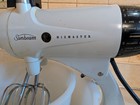 Vtg 1950 s Sunbeam Mixmaster Model 12 White Black Stand Mixer   2 Glasbake Bowls