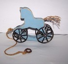 Vintage Blue Painted Wooden Hobby Horse Pull Toy With Metal Wheels