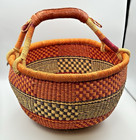 Large Ghana Elephant Grass Bolga Basket Leather Handle African 16  Diameter