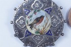 Antique English Silver Enamel Robin Bird   Holly Brooch C1886 