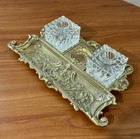 Vm Antique Vintage Desk Inkwell Double Brass Crystal Glass Pen Rest Signed Rare
