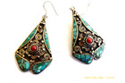 Unique Vintage Silver Turquoise And Coral Tribal Earrings