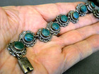 Vintage Southwestern Style Malachite Flowers Mexican Sterli Silver Link Bracelet