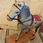 Vtg German Papier Mache Horse Pull Toy Wood Platform Metal Wheels 8    Red Saddle
