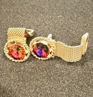 Vintage Gold Tone Mesh Cufflinks With Volcano Rivoli Glass Stones 