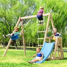 Kids Outdoor Wood Swing Set Play Set With Clubhouse Slide Rock Wall Ladder