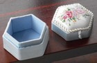 Small Hexagon Vintage Satin   Porcelain Top Jewelry   Trinket Box