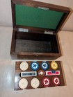 Mahogany Antique Poker Box - 199x Clay Shamrock Chips - Rack Caddy Vintage Case