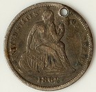 1862 Love Token Seated Liberty Dime - Engraved Floral Scene  Chain Hole - Lt33