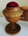 Antique Victorian Turned Wood Wooden Vintage Pin Cushion With Red Velvet Top