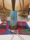 Vintage Mid Century Aqua Turquoise Floral Glass And Wood Lamp