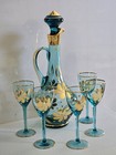  Vtg 1950 s Hungary Crystal Aqua Turquoise Blue Gold Decanter Set Elegant New
