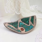 Vintag Navajo 925 Sterling Inlay Crushed Turquoise   Red Coral Mosaic Pin Brooch