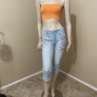 Women   s Blue Denim Cotton Casual Beaded Lace Embroidered Size S 4-6  Pants Capri