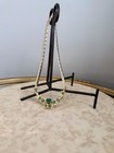 Emerald-green Rhinestone Necklace  Mid-century Gold-tone Floral Collar  15-inch 