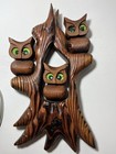 Vtg Mcm Carved Burned Wood 3 Owls In Tree Retro Wall Art Felt Eyes