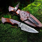 Handmade Bowie Hunting Knife Rosewood Handle     Fixed Blade With Leather Sheath