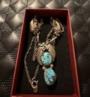 Vtg Native American Sterling Silver Turquoise Feather Y Necklace Pendant Signed