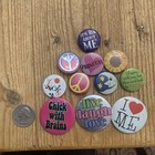 Lot Of 11 Vintage Pin Back Buttons Mixed Lot  Peace  Chick With Brains  And More