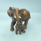 Hand Carved Wood Elephant Statue Set Mother Baby Tusks Figurines Vintage Decor