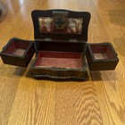19th C Antique Continental Victorian Gothic Sewing Jewelry Box Bun Feet Brass