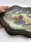 Fedoskino Russian Black Lacquer Trinket Box Scalloped Edges Hand Painted Signed
