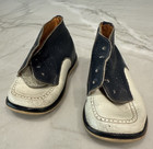 Vintage Baby Shoes  White Navy Leather With Broguing Perforation Accent 5 25 
