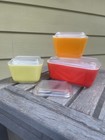 Pyrex Vintage Glass Refrigerator Container 501 502 Red Orange Yellow   Extra Lid