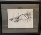 Drawing Landscape Sketch Pencil Framed Signed Boat Lake Galleries Orig 