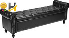 Button Tufted Storage Ottoman Bench Rolled Arm Pu Leather With Solid Wood Legs