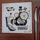 Vintage Mid Century Modern Wooden Board Ceramic Tile Decanter Design W Bar Tools