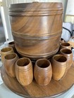 Vintage Monkey Pod Wood Barrel Drink Dispenser With 12 Cups On Lazy Susan Wiskey