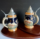 Vintage German Beer Steins Pair Pewter Lid Relief Cobalt Blue Alpine Village