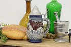 German Vintage Painted Ceramic Beer Stein Mug With Silverplate Lid And Details 