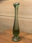 Vintage Fenton Swung Vase Green 7     Starburst Design Ruffled Top Footed Euc