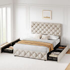 Upholstered Queen Size Platform Bed Frame With 4 Storage Drawers And Headboard