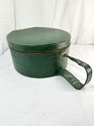 Vtg Green Faux Leather Luggage Round Hat Box Overnight Train Case Zipper Handle