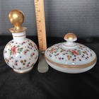 Vintage Vanity Set - Hand Painted White Opal Glass Perfume Bottle And Powder Box