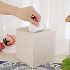 Square Linen Tissue Box Cover - Stylish Cube Holder With Magnetic Bottom  beige 