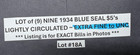 Lot Of 9 1934  5 Bill Blue Seal Silver Certificates Xf-au Five Dollar Notes  18a
