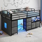 Low Loft Bed Twin Size With 7 Storage Drawers And Led Lights Desk metal Kids Bed