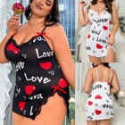 Sexy Womens Heart Print Lingerie Lace Deep V-neck Mini Dress Nightgown Sleepwear