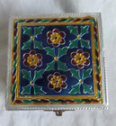Vintage Silver Tone Metal Floral Design Trinket Jewelry Box Blue Velvet Interior
